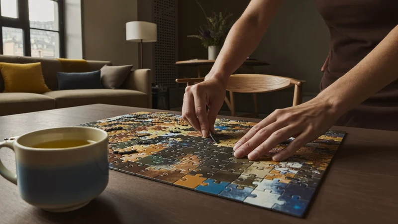 Gemütlicher Wohnzimmertisch mit halbfertigem Puzzle, Tee und weichem Fensterlicht