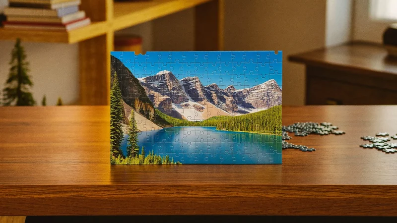 Teilweise gelegtes 1000-Teile-Puzzle mit Bergsee-Motiv auf warmem Holztisch