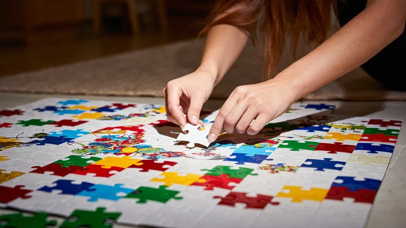 Kinderpuzzle mit grossen bunten Teilen, von Kinderhänden auf einer hellen Spielmatte gelegt