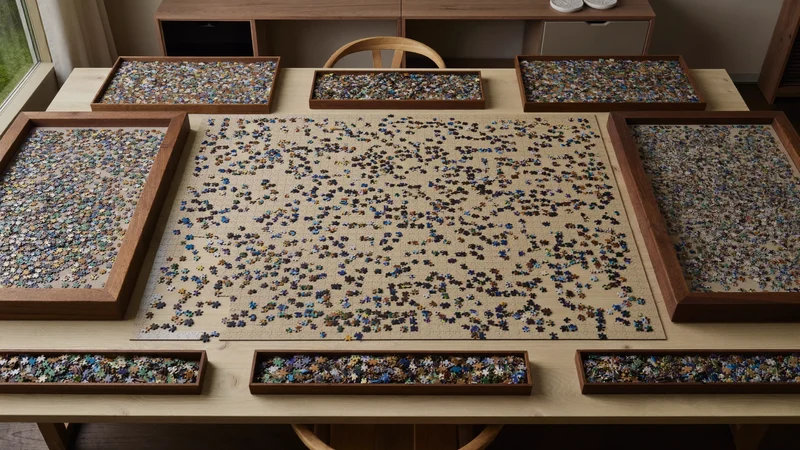 Panorama-Puzzle mit 2000 Teilen und vorsortierten Randteilen in Schalen, Draufsicht